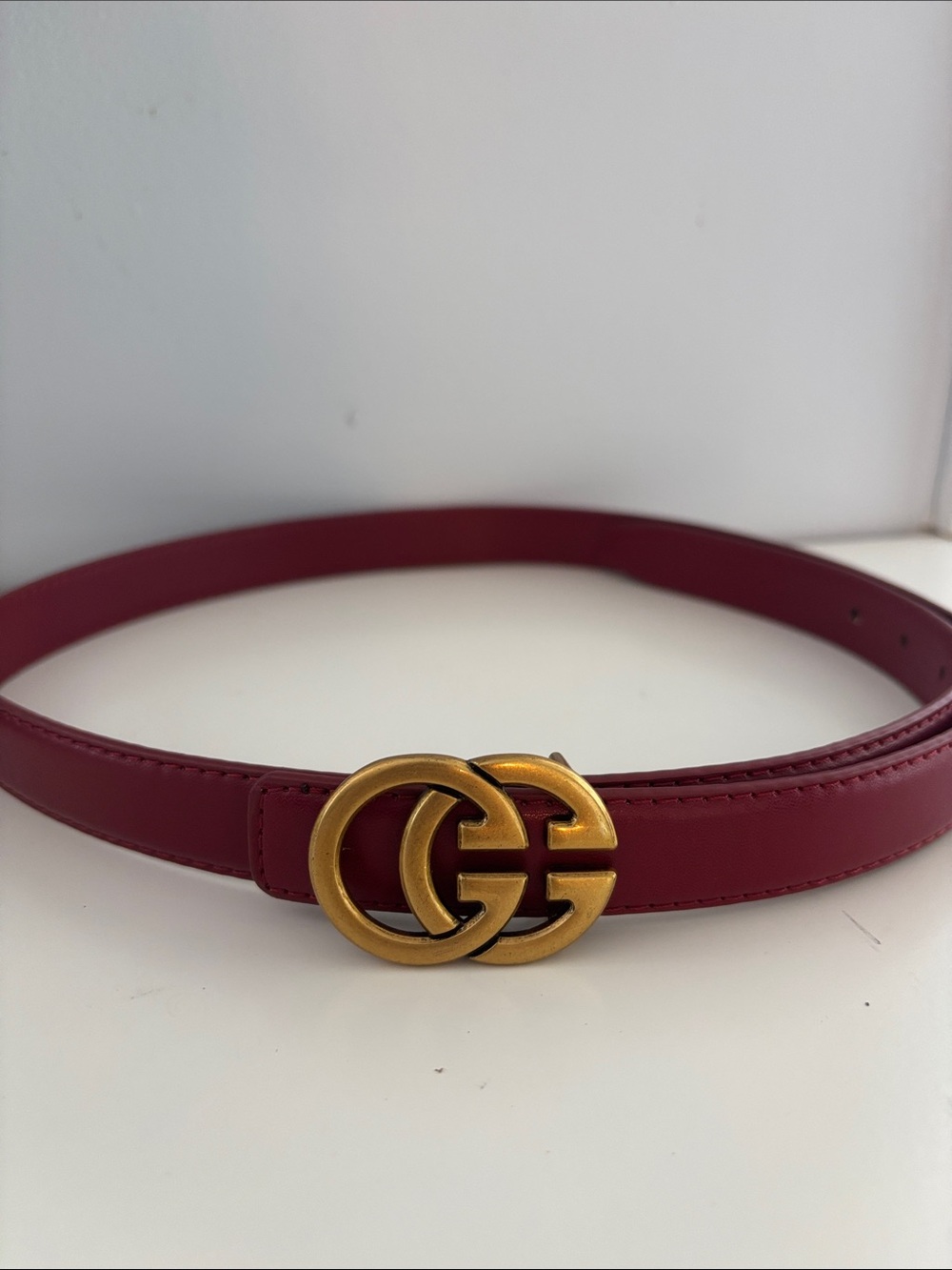 Inspired non Leather Belt with Gold Double G Buckle in Deep Red